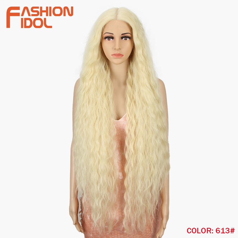 FASHION IDOL 42&quot; Loose Wave Fake Hair Synthetic Wigs For Black Women Ombre Blonde Water Wavy Long Curly Hair Lace Wig Cosplay - DreamWeaversStore