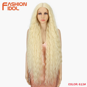 FASHION IDOL 42&quot; Loose Wave Fake Hair Synthetic Wigs For Black Women Ombre Blonde Water Wavy Long Curly Hair Lace Wig Cosplay - DreamWeaversStore