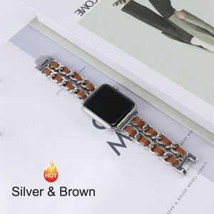 Strap For Apple Watch Series 7 41mm 45mm Chain Link Leather Bracelet For Apple Watch Band 42mm 44mm 40mm 38mm Watchband SE 6 5 4 - DreamWeaversStore