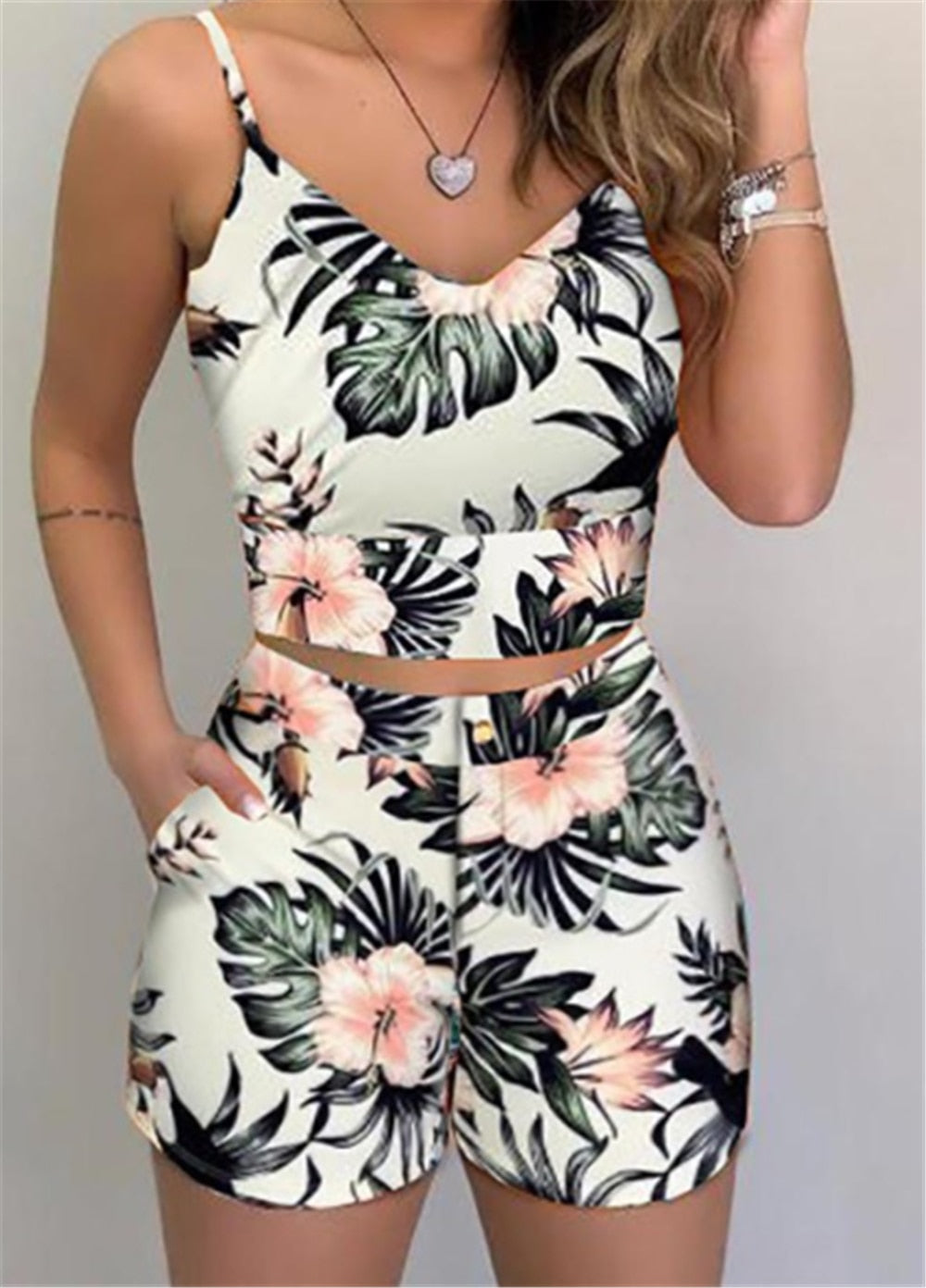 Fashion Women Shorts Suits 2Pieces Sets Summer Office Lady Floral Strap Tank Crop Top+High Waist Button Shorts Female Outfits - DreamWeaversStore