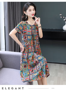 Summer Retro Print Women short Sleeve cotton plus size Dress Ladies Large Size Holiday Beach Vestidos - DreamWeaversStore