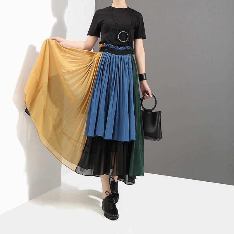 [EAM] 2022 New Spring High Elastic Waist Green Hit Color Pleated Irregular Haf-body Skirt Women Fashion  All-match JG208 - DreamWeaversStore