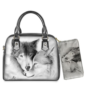 WHEREISART 2PCS Wolf Night Prints Women Shoulder/Messenger/Hand Bag Ladies Daily Top-handle Bag Tote Bag with Long Purse - DreamWeaversStore