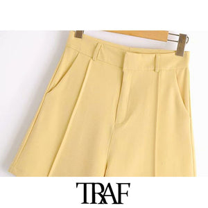 TRAF Women Chic Fashion Office Wear Side Pockets Straight Shorts Vintage High Waist Zipper Fly Female Short Pants Mujer - DreamWeaversStore