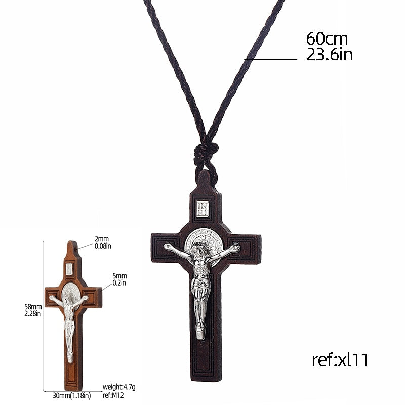 Religious INRI Crucifix Necklace for Men Women's Catholic Small Wooden Cross Necklace Pendant Jewelry Rope Chains Collier 60CM - DreamWeaversStore