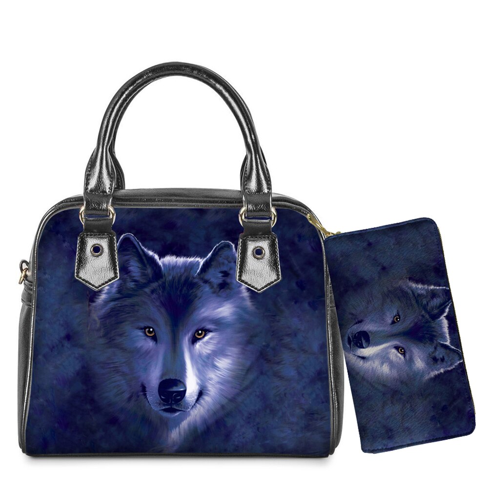 WHEREISART 2PCS Wolf Night Prints Women Shoulder/Messenger/Hand Bag Ladies Daily Top-handle Bag Tote Bag with Long Purse - DreamWeaversStore