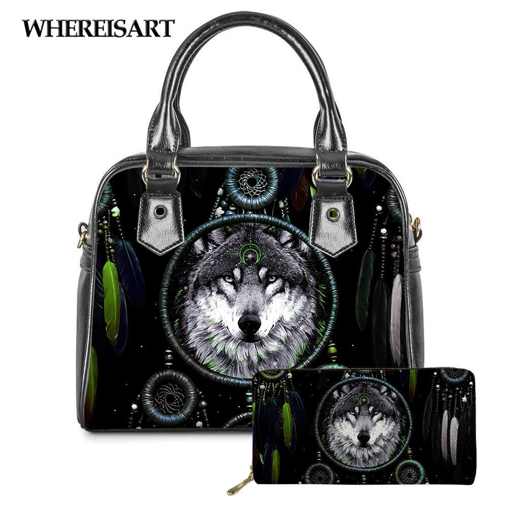 WHEREISART 2PCS Wolf Night Prints Women Shoulder/Messenger/Hand Bag Ladies Daily Top-handle Bag Tote Bag with Long Purse - DreamWeaversStore