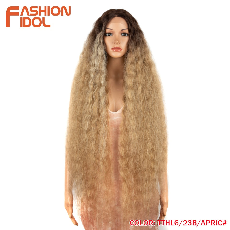 FASHION IDOL 42&quot; Loose Wave Fake Hair Synthetic Wigs For Black Women Ombre Blonde Water Wavy Long Curly Hair Lace Wig Cosplay - DreamWeaversStore