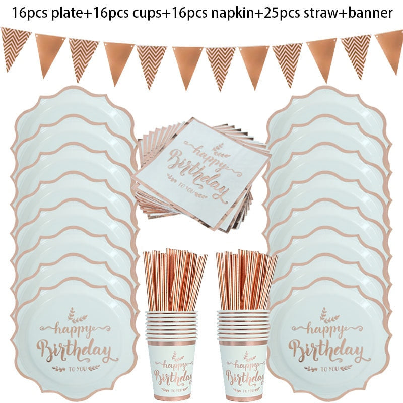 Rose Gold Birthday Decorations Disposable Tableware Set Paper Cup Adult Wedding Birthday Party Decorations Kids Babyshower Girl - DreamWeaversStore