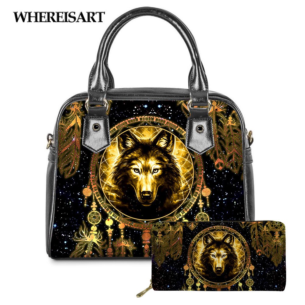 WHEREISART 2PCS Wolf Night Prints Women Shoulder/Messenger/Hand Bag Ladies Daily Top-handle Bag Tote Bag with Long Purse - DreamWeaversStore