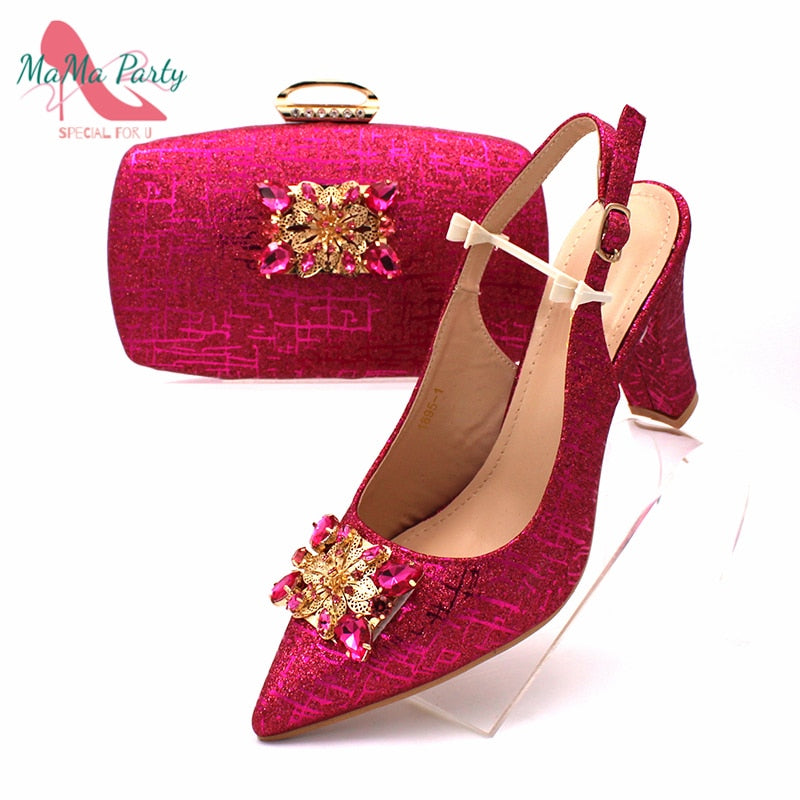 Fashionable African Shoes and Bag Set Italian Women  Fuchsia Color Nigerian Shoes with Matching Bags for Royal Wedding Party - DreamWeaversStore