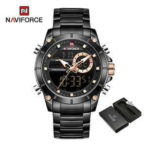 NAVIFORCE Men Military Sport Wrist Watch Gold Quartz Steel Waterproof Dual Display Male Clock Watches Relogio Masculino 9163 - DreamWeaversStore