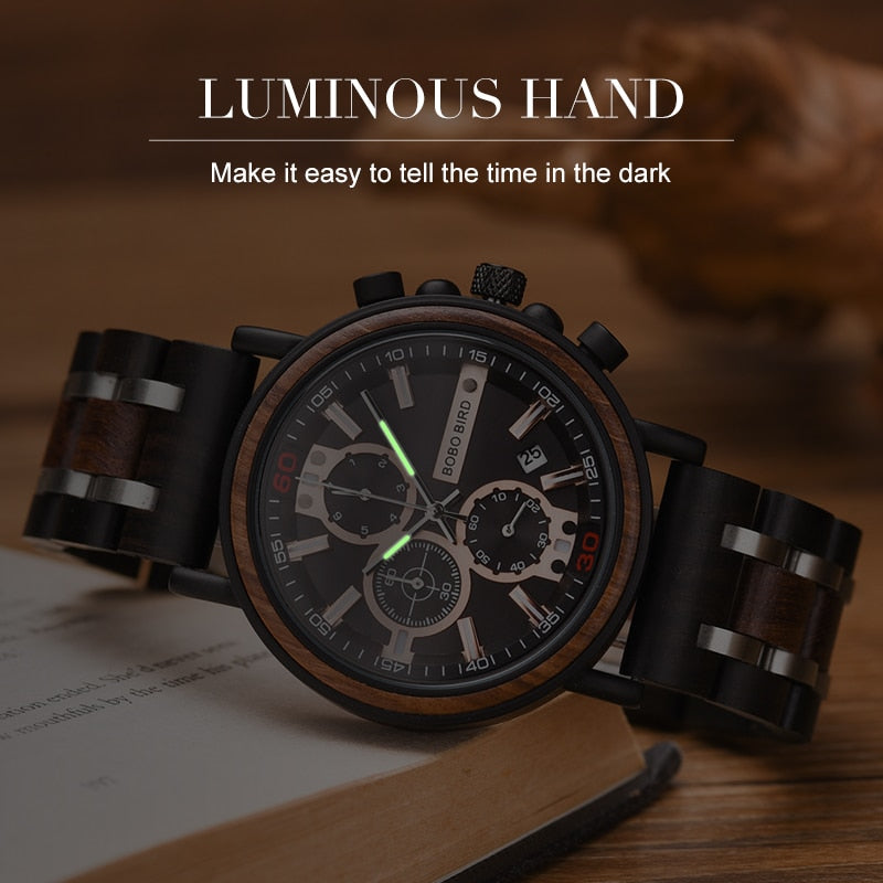 Relogio Masculino BOBO BIRD Wooden Watch Men Top Brand Luxury Stylish Chronograph Military Watches in Wooden Box reloj hombre - DreamWeaversStore