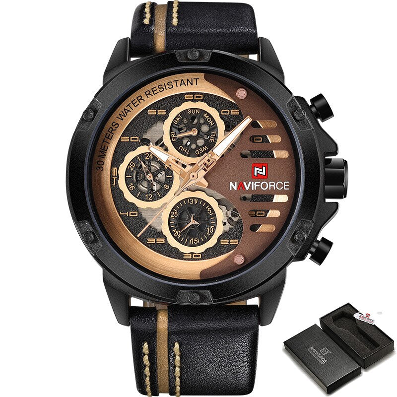 NAVIFORCE Men's Fashion Sports Watches Waterproof Leather Strap Creative Analog Quartz Wrist Watch Men Clock Relogio Masculino - DreamWeaversStore