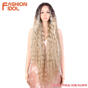 FASHION IDOL 42&quot; Loose Wave Fake Hair Synthetic Wigs For Black Women Ombre Blonde Water Wavy Long Curly Hair Lace Wig Cosplay - DreamWeaversStore