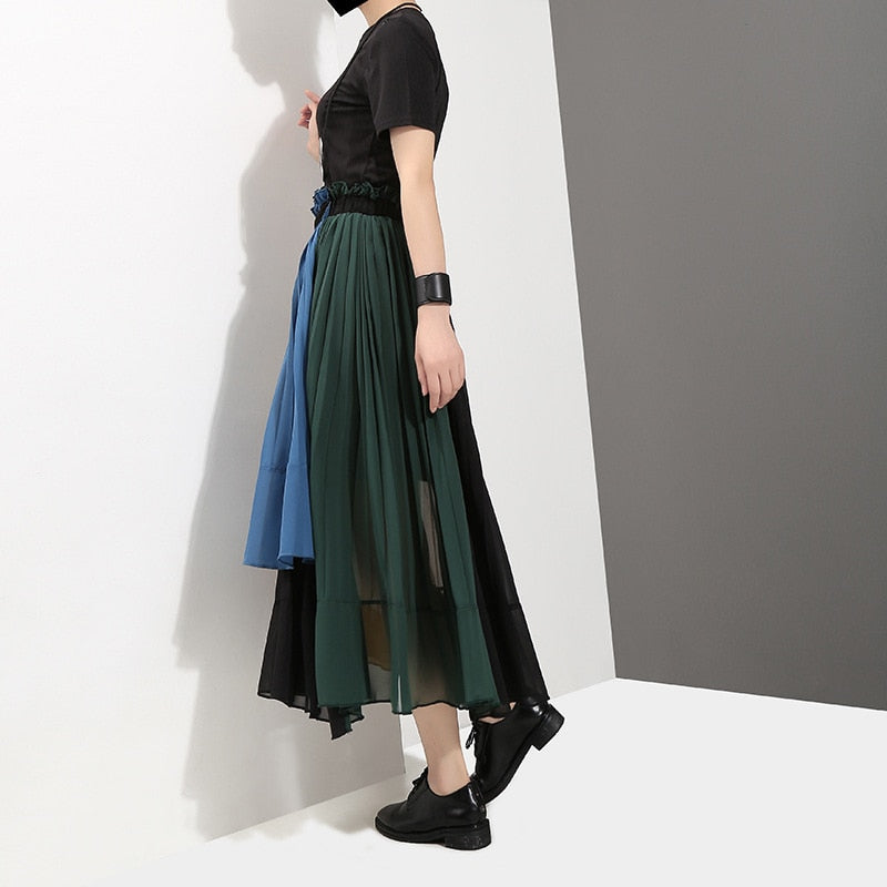 [EAM] 2022 New Spring High Elastic Waist Green Hit Color Pleated Irregular Haf-body Skirt Women Fashion  All-match JG208 - DreamWeaversStore