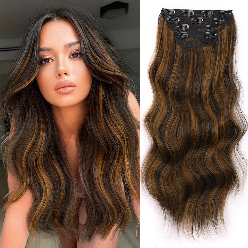 Lativ 4pcs/set Synthetic Long Wavy Hair Extensions Clip In Hair Extensions  Dark Brown Black Hairpiece High Temperature Fiber - DreamWeaversStore