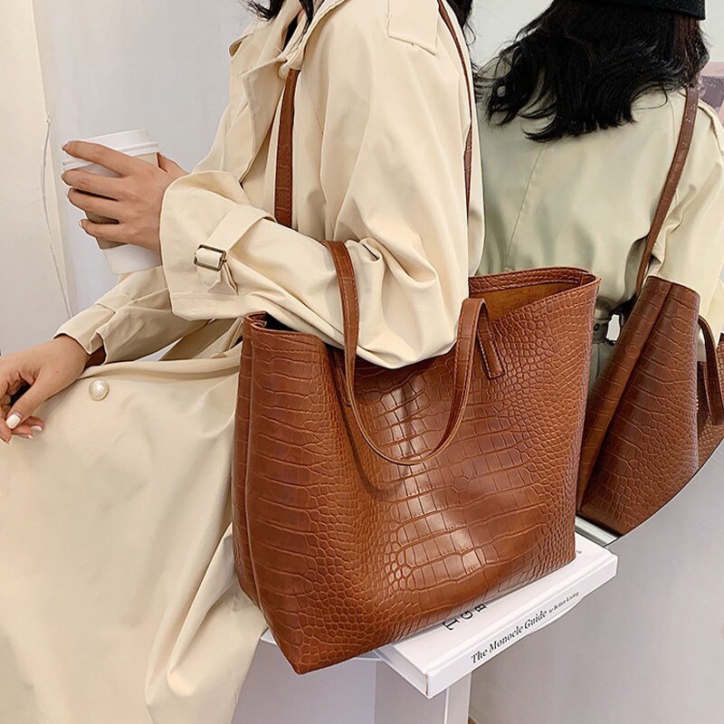 Brand Women Handbag Large Capacity Shoulder Bags High Quality PU Leather Bucket Bags Ladies Alligator Bags Totes Bags Female - DreamWeaversStore