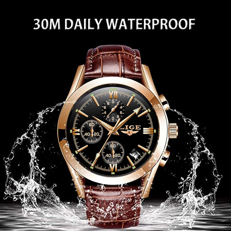 2022 LIGE New Fashion Mens Watches Top Brand Luxury Military Quartz Watch Premium Leather Waterproof Sport Chronograph Watch Men - DreamWeaversStore