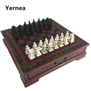 New Wood Chess Chinese Retro Terracotta Warriors Chess Wood Do old Carving Resin Chessman Christmas Birthday Premium Gift Yernea - DreamWeaversStore