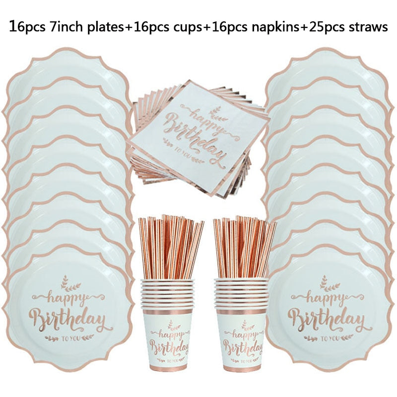 Rose Gold Birthday Decorations Disposable Tableware Set Paper Cup Adult Wedding Birthday Party Decorations Kids Babyshower Girl - DreamWeaversStore