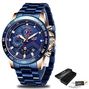 LIGE Business Men Watch Luxury Brand Blue Stainless Steel Wrist Watch Chronograph Army Military Quartz Watches Relogio Masculino - DreamWeaversStore