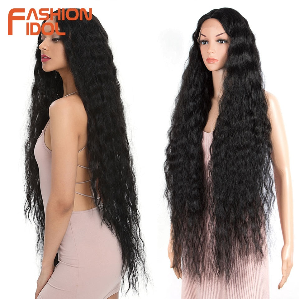 FASHION IDOL 42&quot; Loose Wave Fake Hair Synthetic Wigs For Black Women Ombre Blonde Water Wavy Long Curly Hair Lace Wig Cosplay - DreamWeaversStore