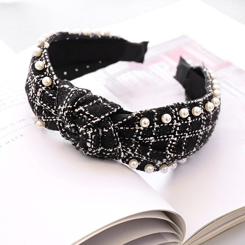 Woolen Plaid Pearl Knot Hairband Knotted Headband for Women Girls Hair Accessories - DreamWeaversStore