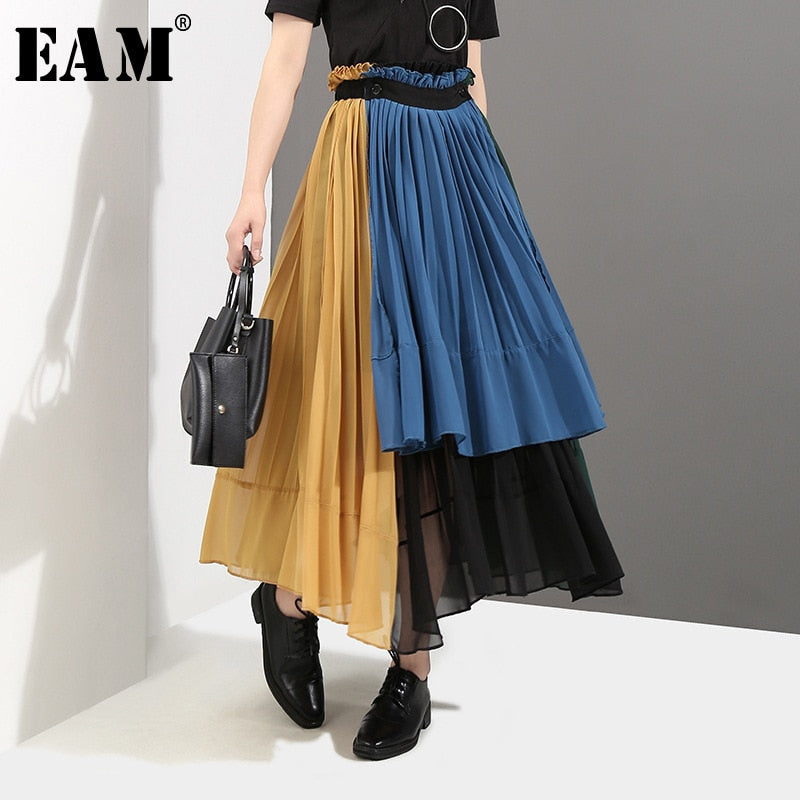 [EAM] 2022 New Spring High Elastic Waist Green Hit Color Pleated Irregular Haf-body Skirt Women Fashion  All-match JG208 - DreamWeaversStore