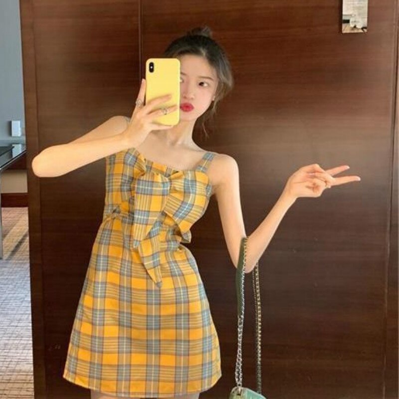 Sleeveless Dress Women Plaid High Waist A-line Kawaii Simple Casual Slim Streetwear Sweet Hot Sale Elegant Womens Summer Sexy - DreamWeaversStore