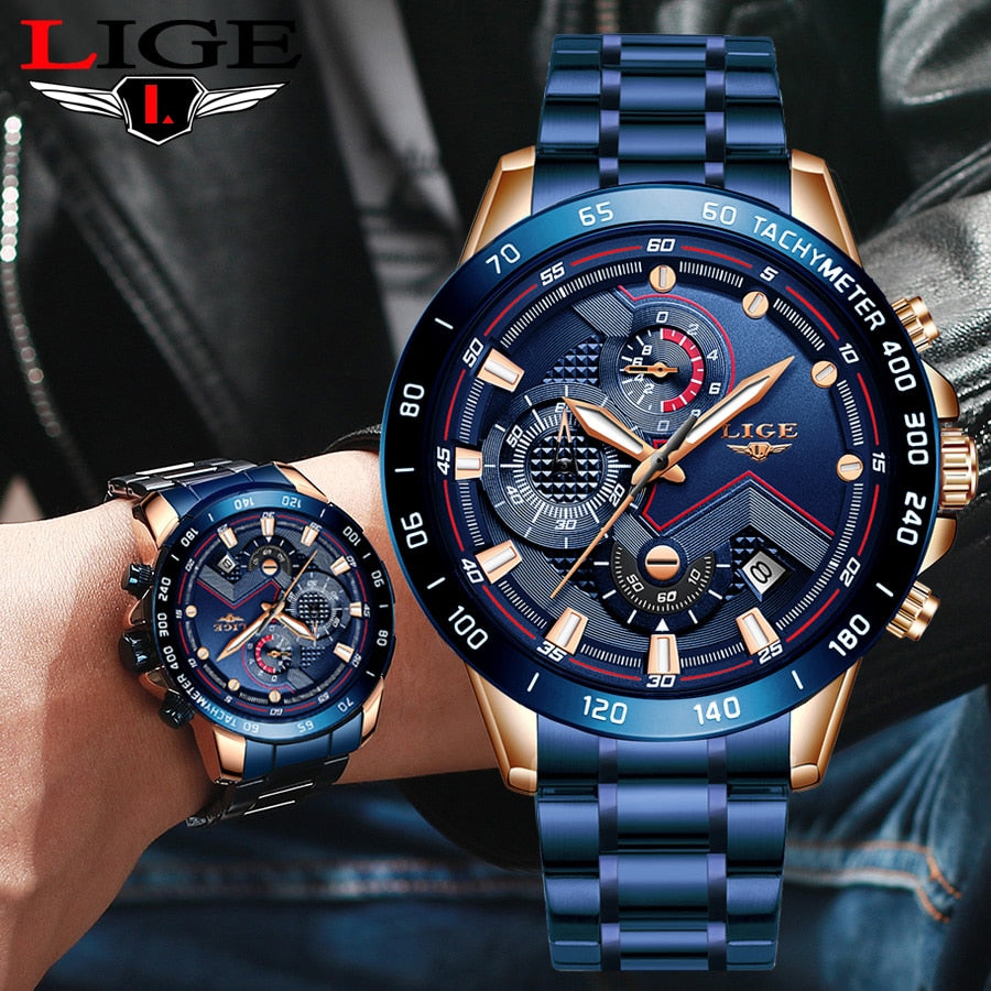 LIGE Business Men Watch Luxury Brand Blue Stainless Steel Wrist Watch Chronograph Army Military Quartz Watches Relogio Masculino - DreamWeaversStore