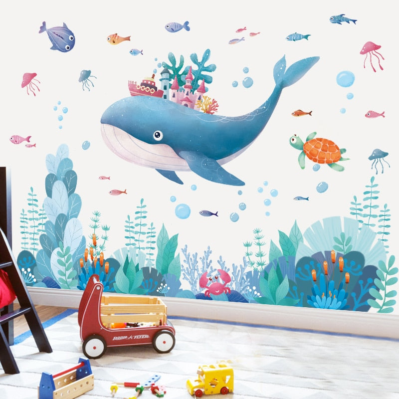 Waterproof Cartoon Underwater Animal World Wall Stickers for Kids room Bathroom Bedroom Vinyl Wall Decals Removable Murals Decor - DreamWeaversStore