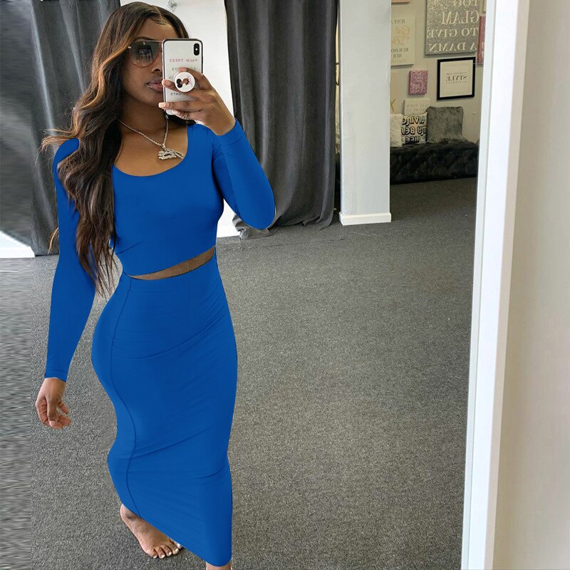 wsevypo Autumn Women Two-piece Clothes Set Solid Color Long Sleeve Pullover Crop Tops and High Waist Maxi Bodycon Skirts - DreamWeaversStore