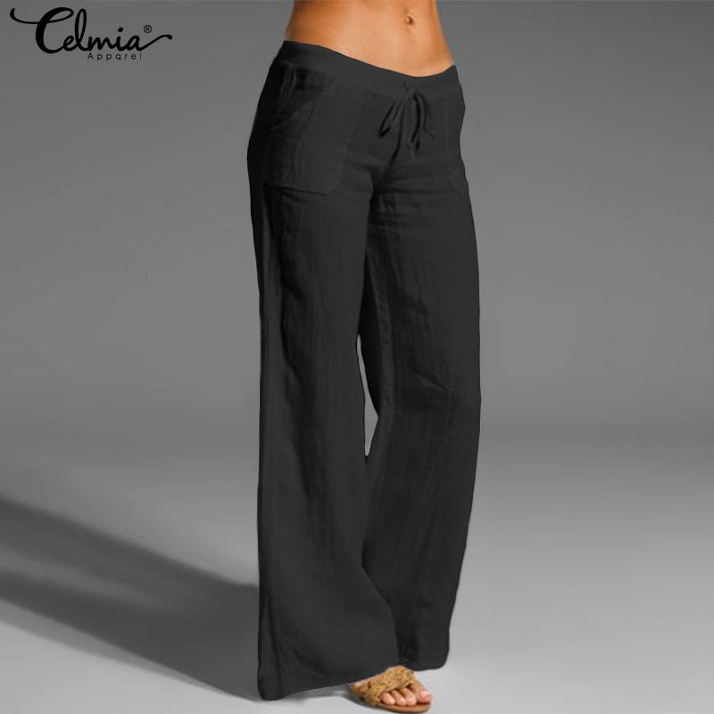 2021 Celmia Oversized Women Vintage Wide Leg Pants Autumn Linen Palazzo Fashion Long Trouser Casual Elastic Waist Solid Pantalon - DreamWeaversStore