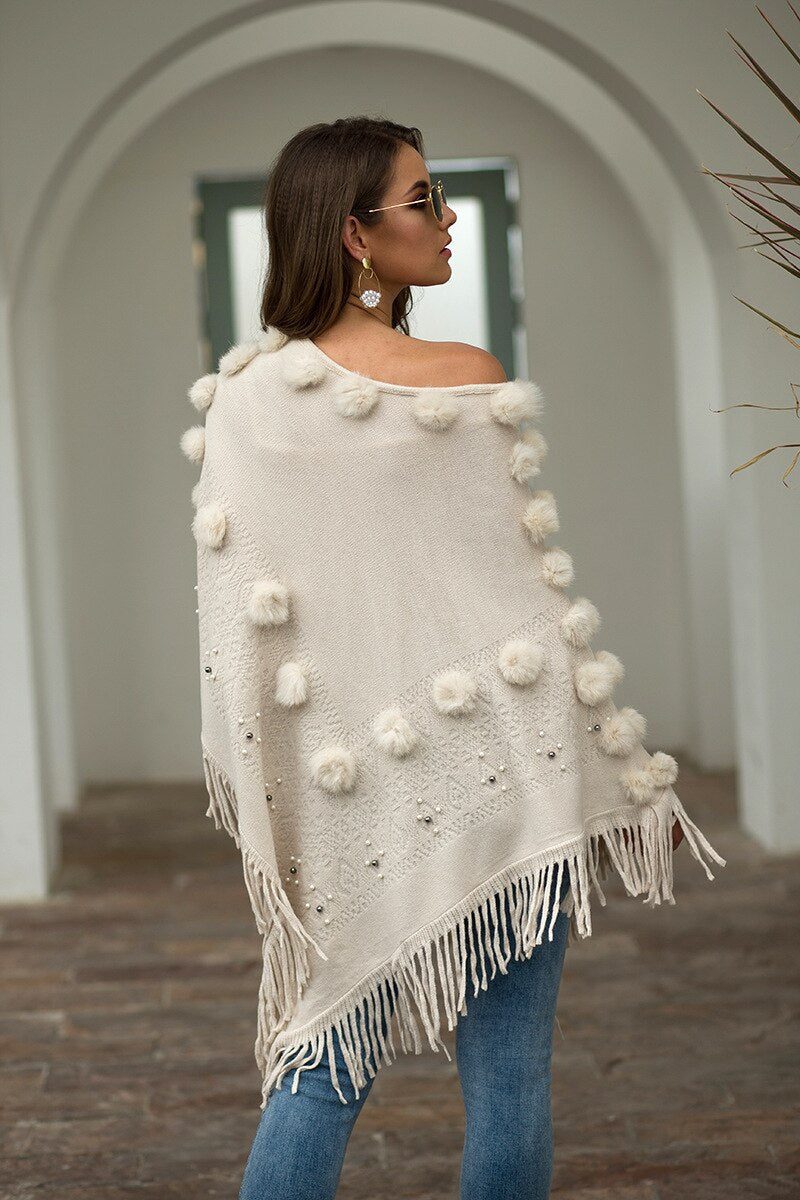 Fitshinling Fringe Hairball Bohemian Cloak Cape Oversized Sweater Female Knitwear Winter Clothing Irregular Poncho Women 2021 - DreamWeaversStore