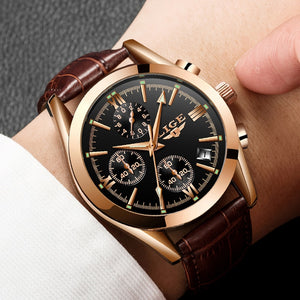 2022 LIGE New Fashion Mens Watches Top Brand Luxury Military Quartz Watch Premium Leather Waterproof Sport Chronograph Watch Men - DreamWeaversStore