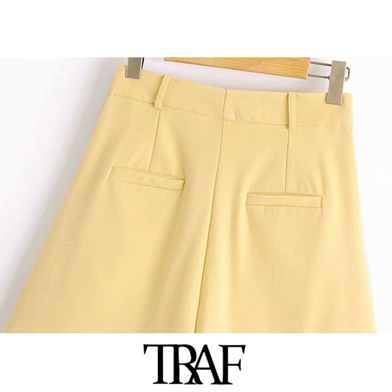 TRAF Women Chic Fashion Office Wear Side Pockets Straight Shorts Vintage High Waist Zipper Fly Female Short Pants Mujer - DreamWeaversStore