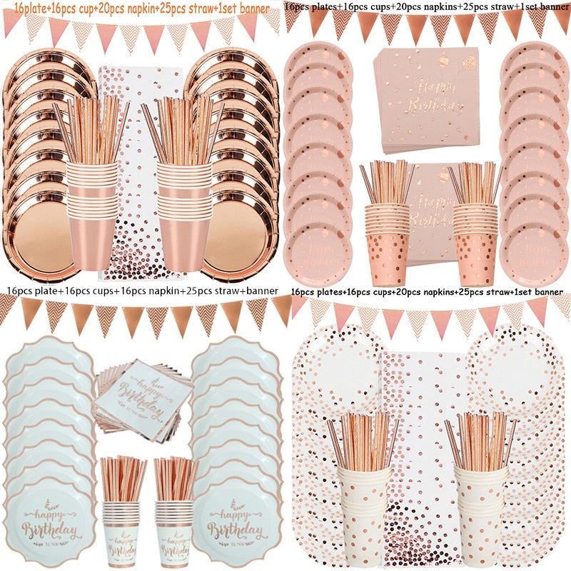 Rose Gold Birthday Decorations Disposable Tableware Set Paper Cup Adult Wedding Birthday Party Decorations Kids Babyshower Girl - DreamWeaversStore