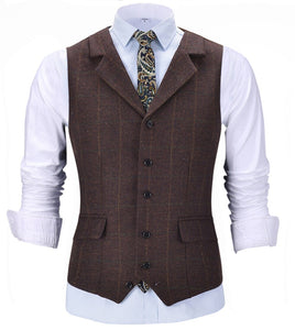 Casual Gentleman Men's Army Green Vest Plaid Soft Wool Brown Jacket Tweed Business Waistcoat For Groosmen Best Man Wedding - DreamWeaversStore