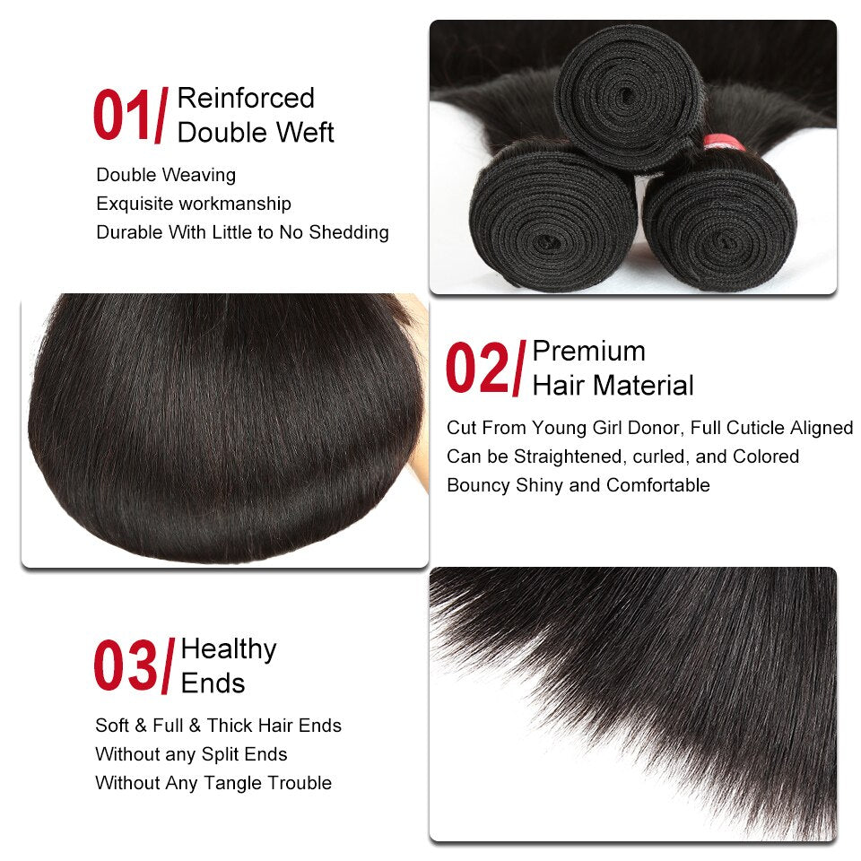 Sleek Brazilian Straight Human Hair Bundles With Closure Natural Color 3 Bundles With Closure 100% Natural Remy Hair Free Ship - DreamWeaversStore