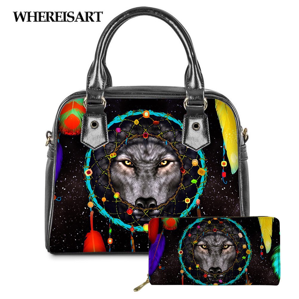 WHEREISART 2PCS Wolf Night Prints Women Shoulder/Messenger/Hand Bag Ladies Daily Top-handle Bag Tote Bag with Long Purse - DreamWeaversStore