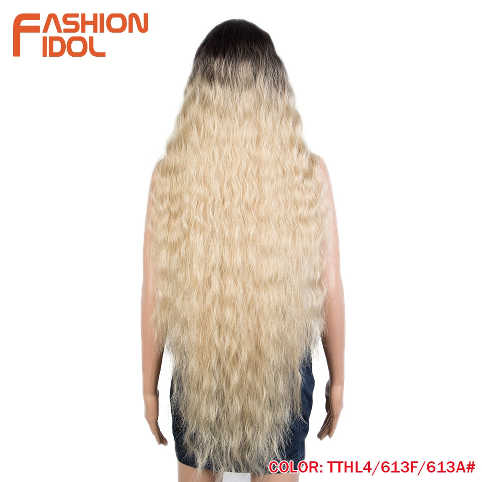 FASHION IDOL 42&quot; Loose Wave Fake Hair Synthetic Wigs For Black Women Ombre Blonde Water Wavy Long Curly Hair Lace Wig Cosplay - DreamWeaversStore