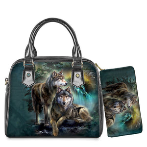 WHEREISART 2PCS Wolf Night Prints Women Shoulder/Messenger/Hand Bag Ladies Daily Top-handle Bag Tote Bag with Long Purse - DreamWeaversStore