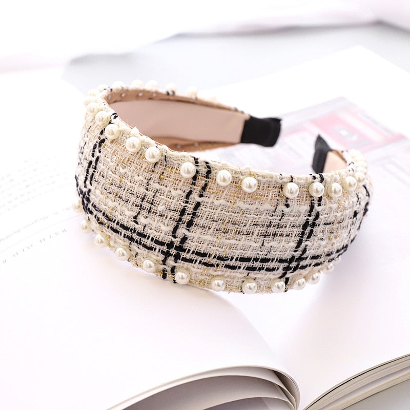 Woolen Plaid Pearl Knot Hairband Knotted Headband for Women Girls Hair Accessories - DreamWeaversStore