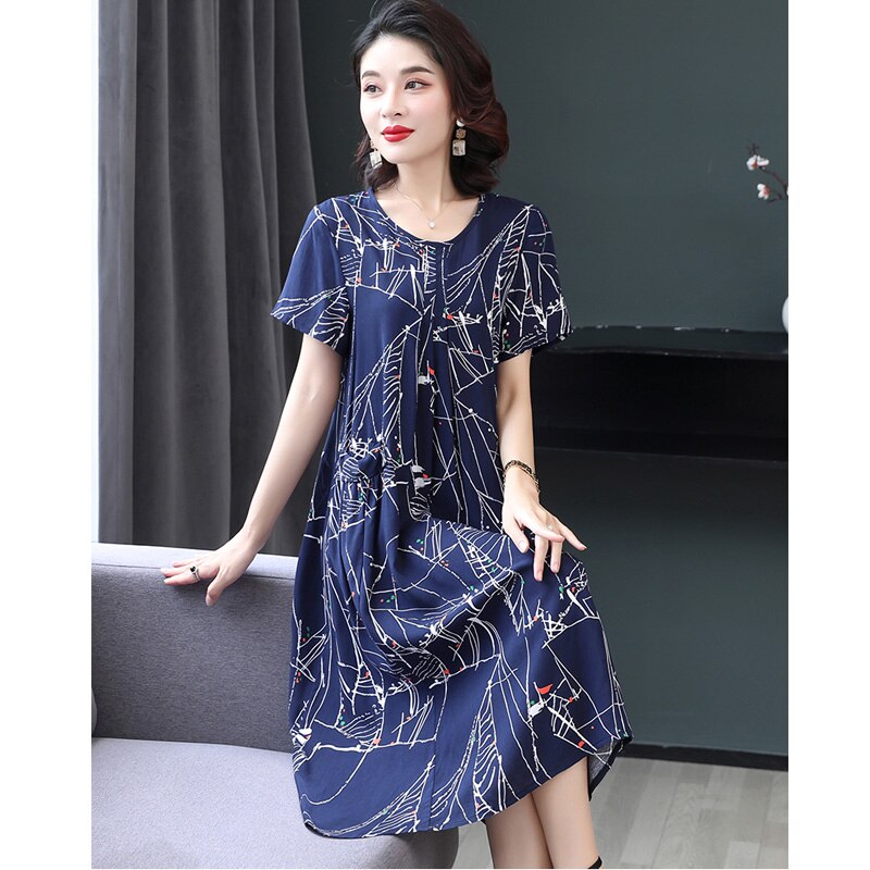 Summer Retro Print Women short Sleeve cotton plus size Dress Ladies Large Size Holiday Beach Vestidos - DreamWeaversStore