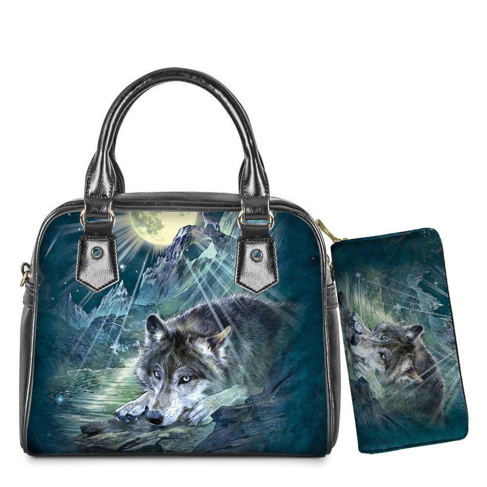 WHEREISART 2PCS Wolf Night Prints Women Shoulder/Messenger/Hand Bag Ladies Daily Top-handle Bag Tote Bag with Long Purse - DreamWeaversStore