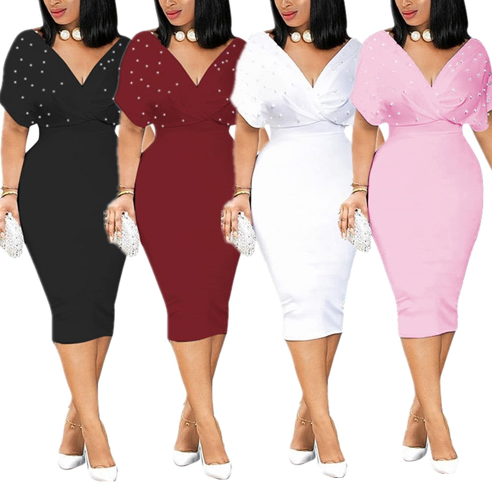 Summer Dress Sexy V Neck Tunic High Waist Beading Short Sleeve Ladies Red White Bodycon Plus Size Party Club Midi Dress - DreamWeaversStore