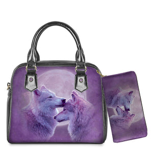 WHEREISART 2PCS Wolf Night Prints Women Shoulder/Messenger/Hand Bag Ladies Daily Top-handle Bag Tote Bag with Long Purse - DreamWeaversStore