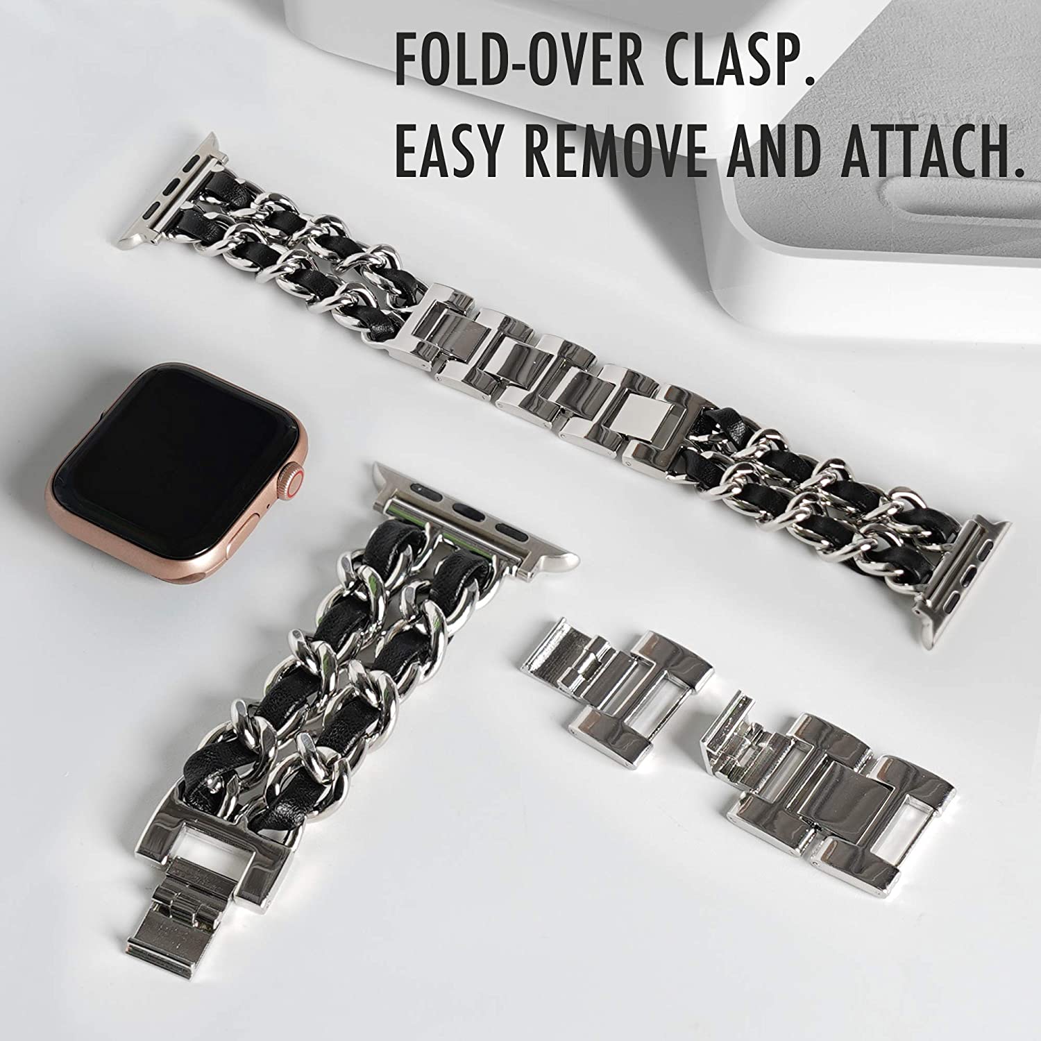 Strap For Apple Watch Series 7 41mm 45mm Chain Link Leather Bracelet For Apple Watch Band 42mm 44mm 40mm 38mm Watchband SE 6 5 4 - DreamWeaversStore