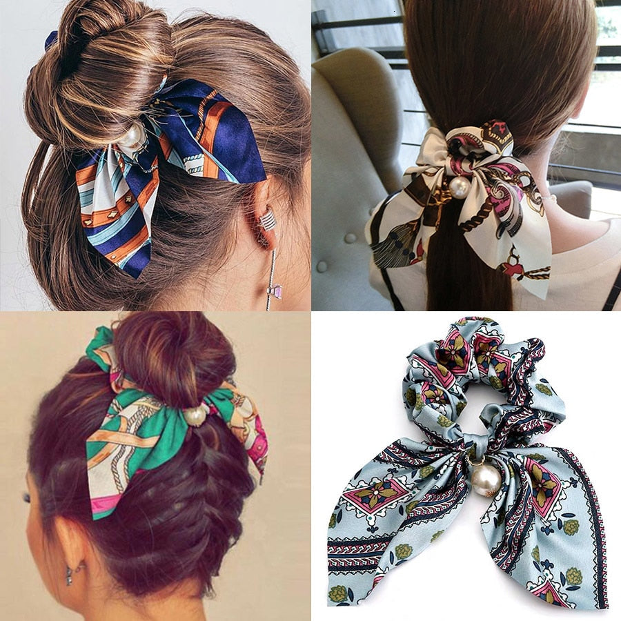 Fashion Bowknot Ponytail Holder Elastic Hair Bands for Girls Flower Printing Hair Accessories Women Hairband Ribbon Headwear - DreamWeaversStore